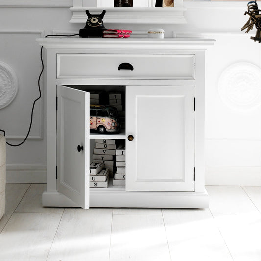 NovaSolo Halifax white wooden small buffet with2 doors and 1 drawer with antique brass hardware.