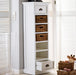 NovaSolo Halifax white wooden storage tower with 5 shelves, 3 rattan baskets and 2 drawers with antique brass hardware.