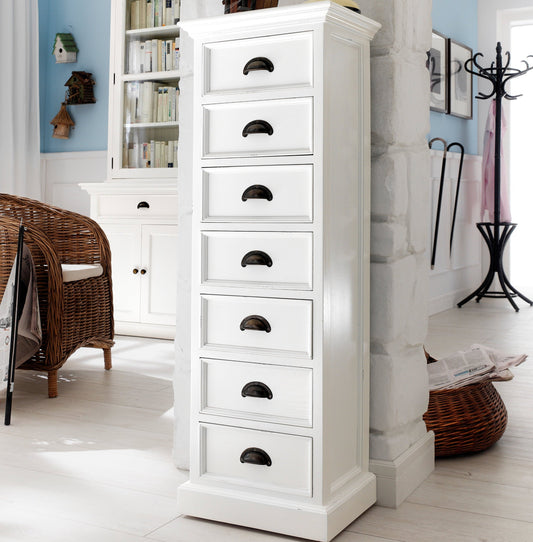 NovaSolo Halifax white wooden storage tower featuring 7 drawers with antique brass hardware.