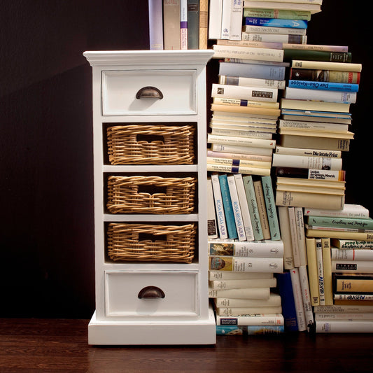 NovaSolo Halifax white wooden storage unit with 3 rattan baskets and 2 drawers with antique brass hardware.