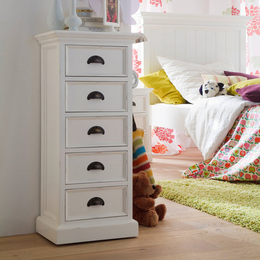 NovaSolo Halifax white wooden storage unit featuring 5 drawers with antique brass hardware.