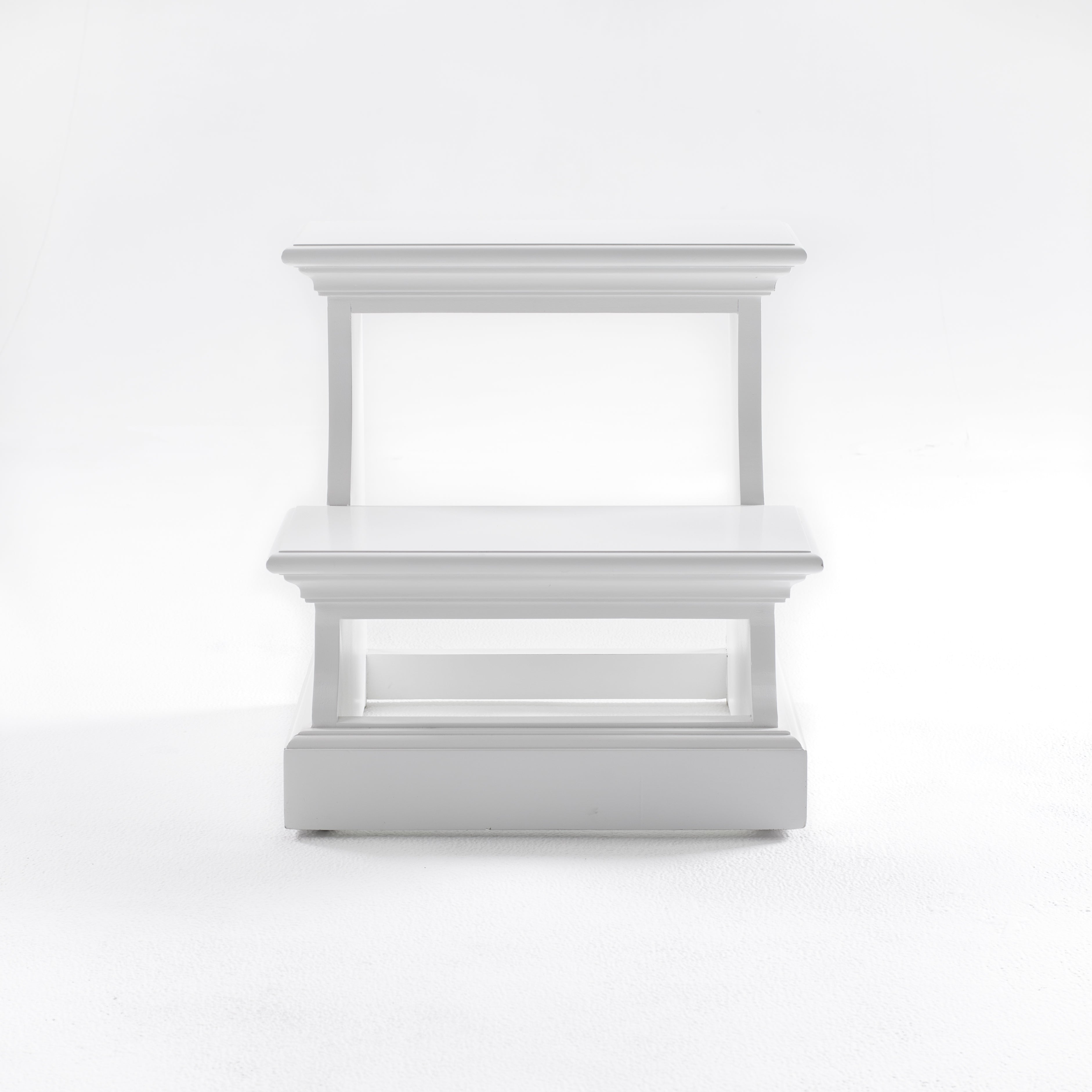 Front view of a white timber bed step.