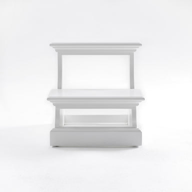Front view of a white timber bed step.