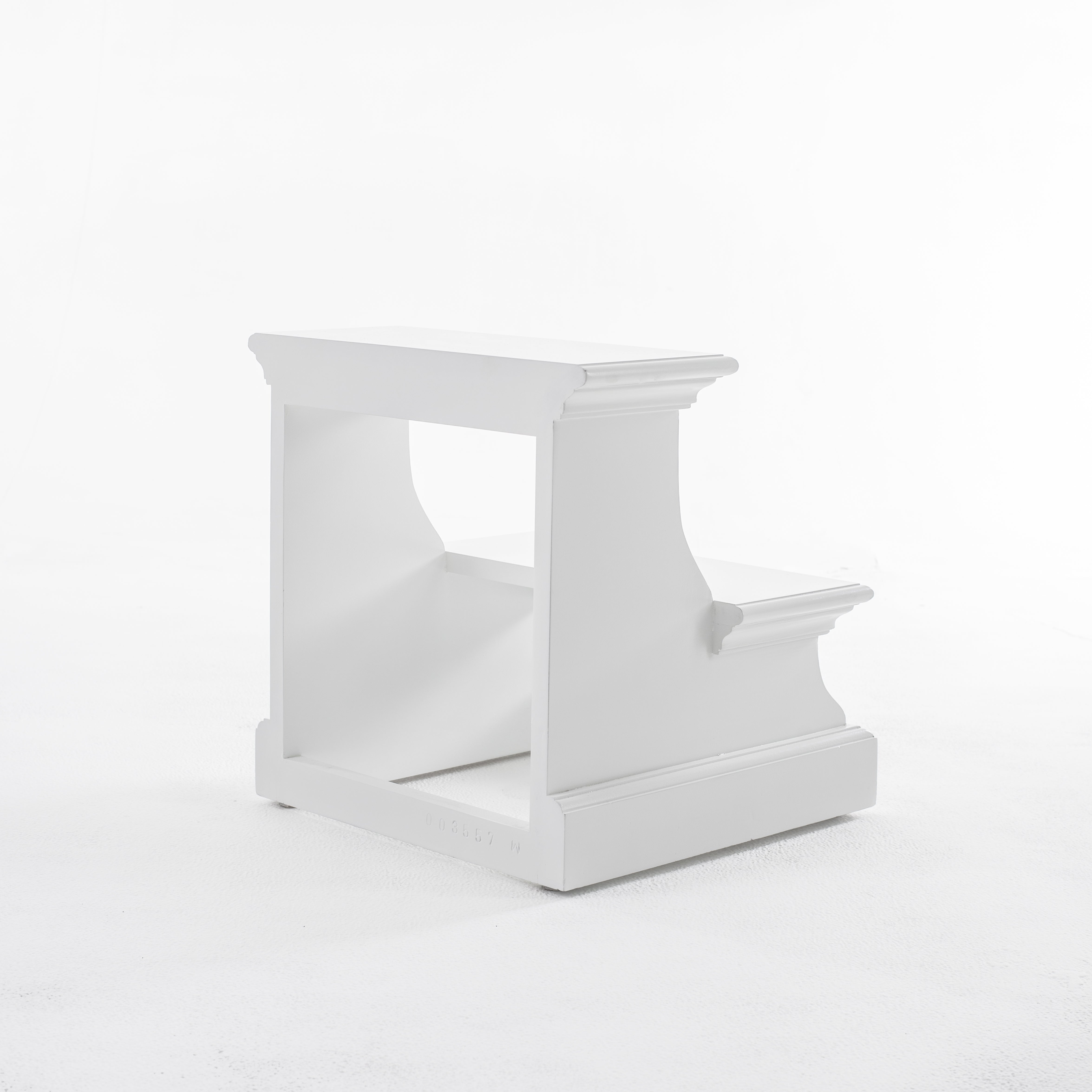 Slightly angled rear view of a white timber bed step.