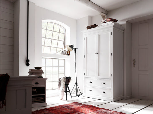 NovaSolo Halifax white wooden wardrobe with 2 doors and 2 large drawers with antique brass hardware.