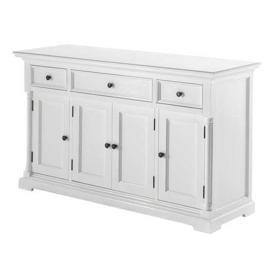 NovaSolo Provence white wooden buffet with 4 doors and 3 drawers with antique brass hardware.