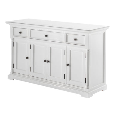 NovaSolo Provence white wooden buffet with 4 doors and 3 drawers with antique brass hardware.
