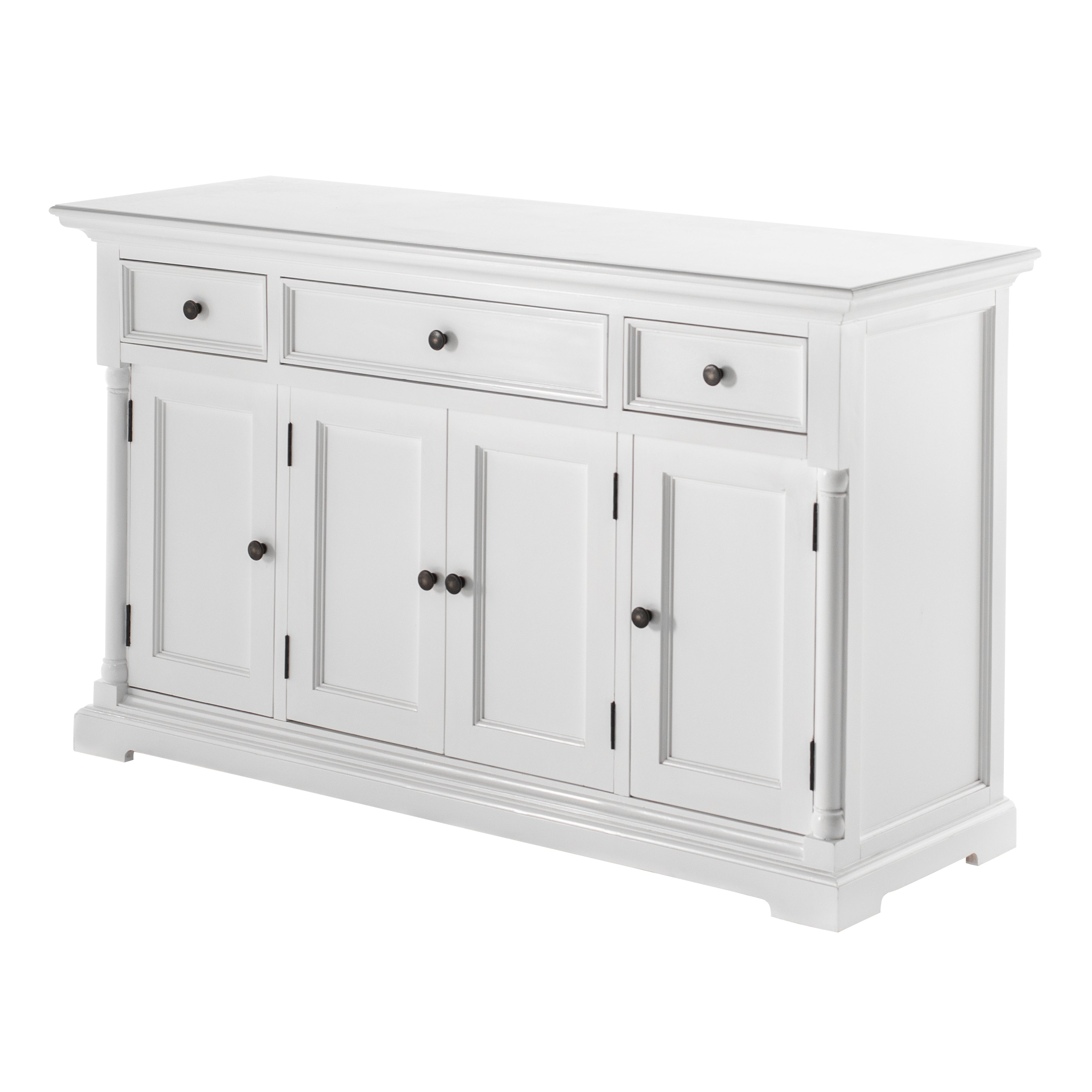 NovaSolo Provence white wooden buffet with 4 doors and 3 drawers with antique brass hardware.