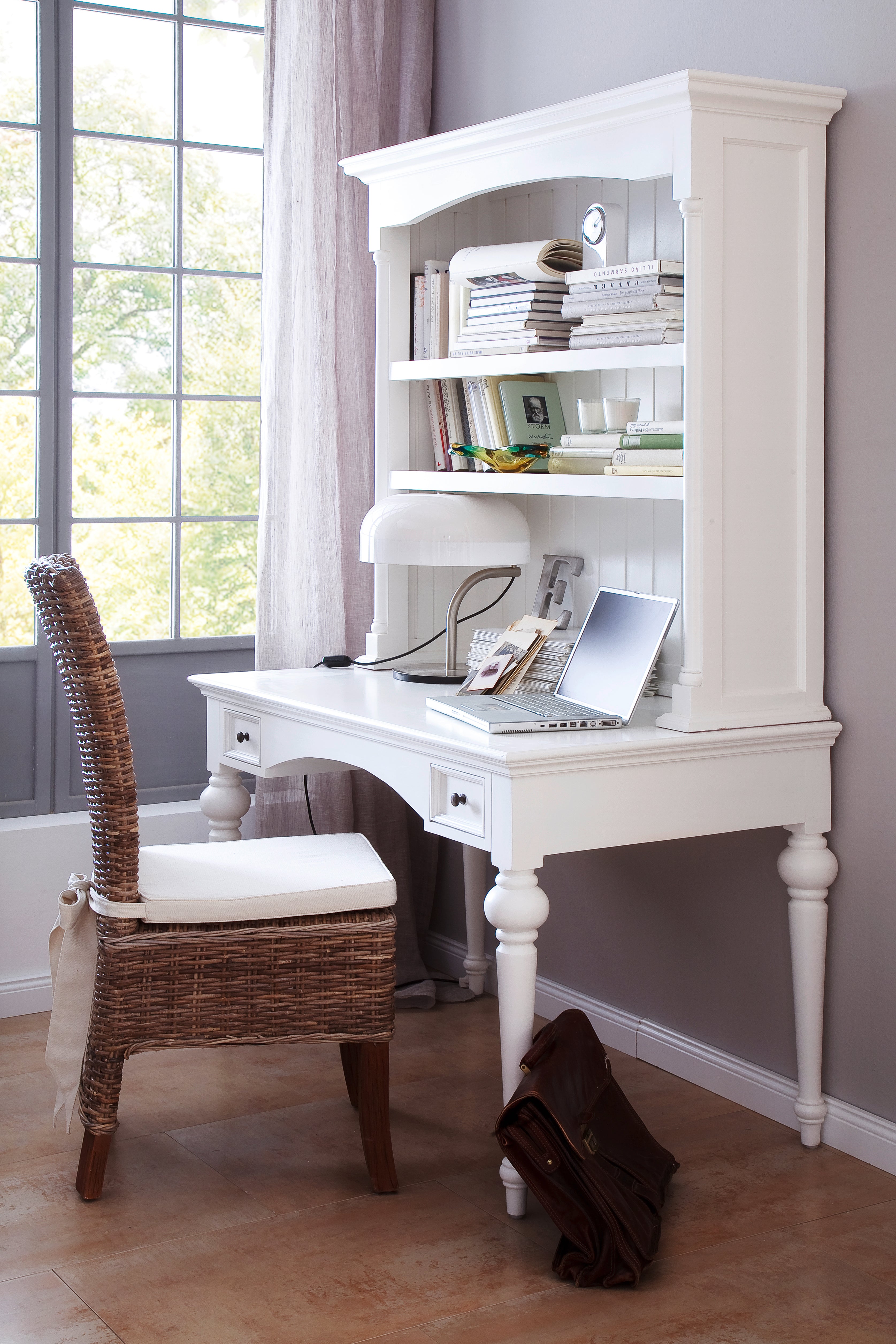 NovaSolo Provence white wooden desk with 2 small drawers featuring antique brass hardware.