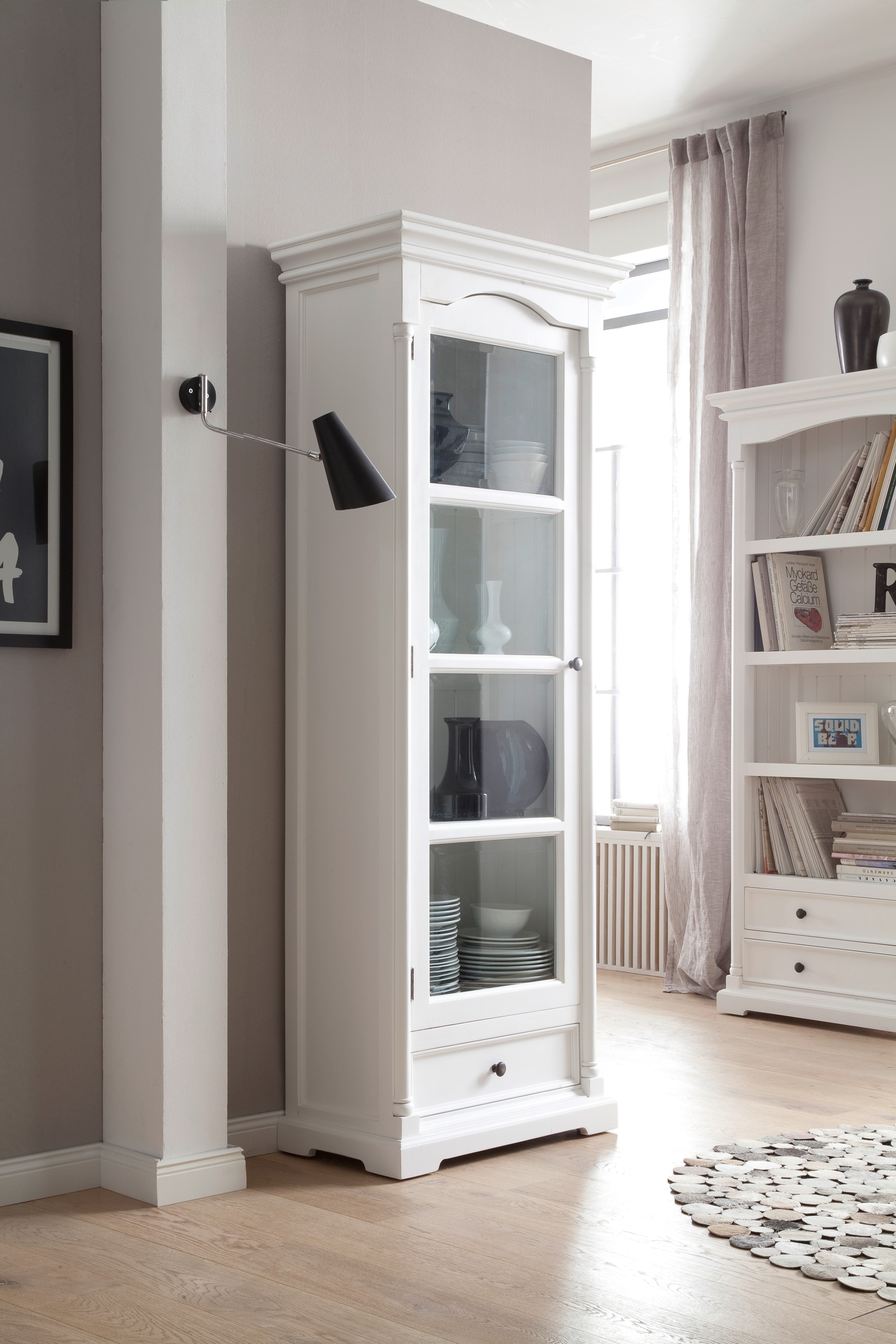 NovaSolo Provence white wooden glass cabinet with4 shelves, 1 glass door and 1 drawer with antique brass hardware.
