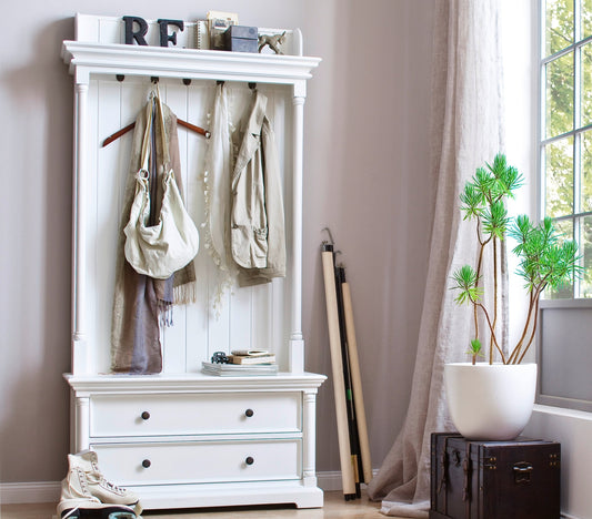 NovaSolo Provence white wooden hall tree with 2 large drawers with antique brass hardware.
