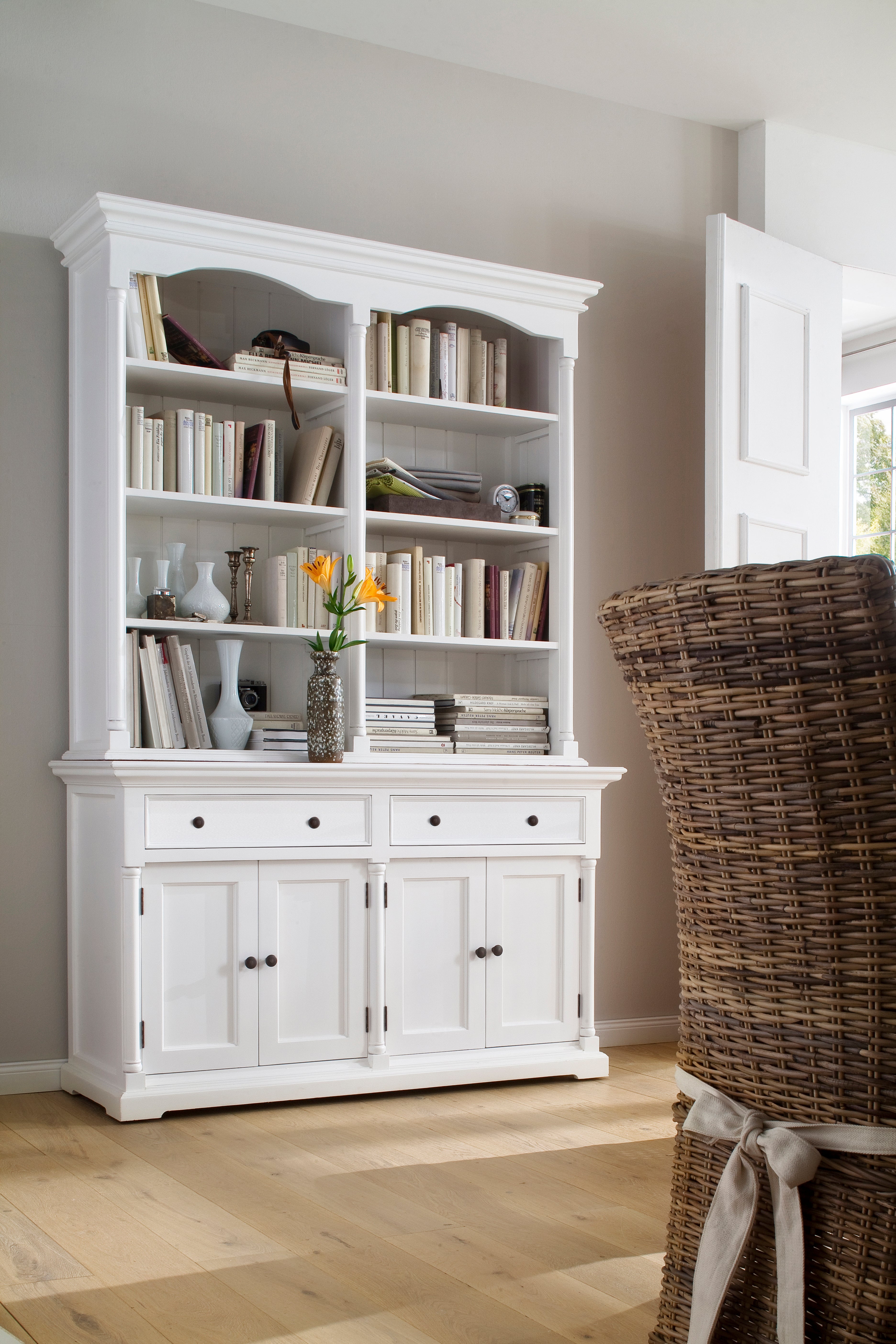 NovaSolo Provence white wooden hutch cabinet with 8 shelves, 4 doors and 2 large drawers with antique brass hardware.