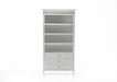 NovaSolo Skansen white wooden bookcase with 4 shelves and 3 drawers with silver chrome plated brass hardware.