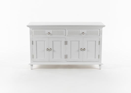 NovaSolo Skansen white wooden buffet with 4 doors and 2 drawers with silver chrome plated brass hardware.