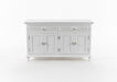 NovaSolo Skansen white wooden buffet with 4 doors and 2 drawers with silver chrome plated brass hardware.