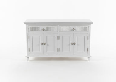 NovaSolo Skansen white wooden buffet with 4 doors and 2 drawers with silver chrome plated brass hardware.