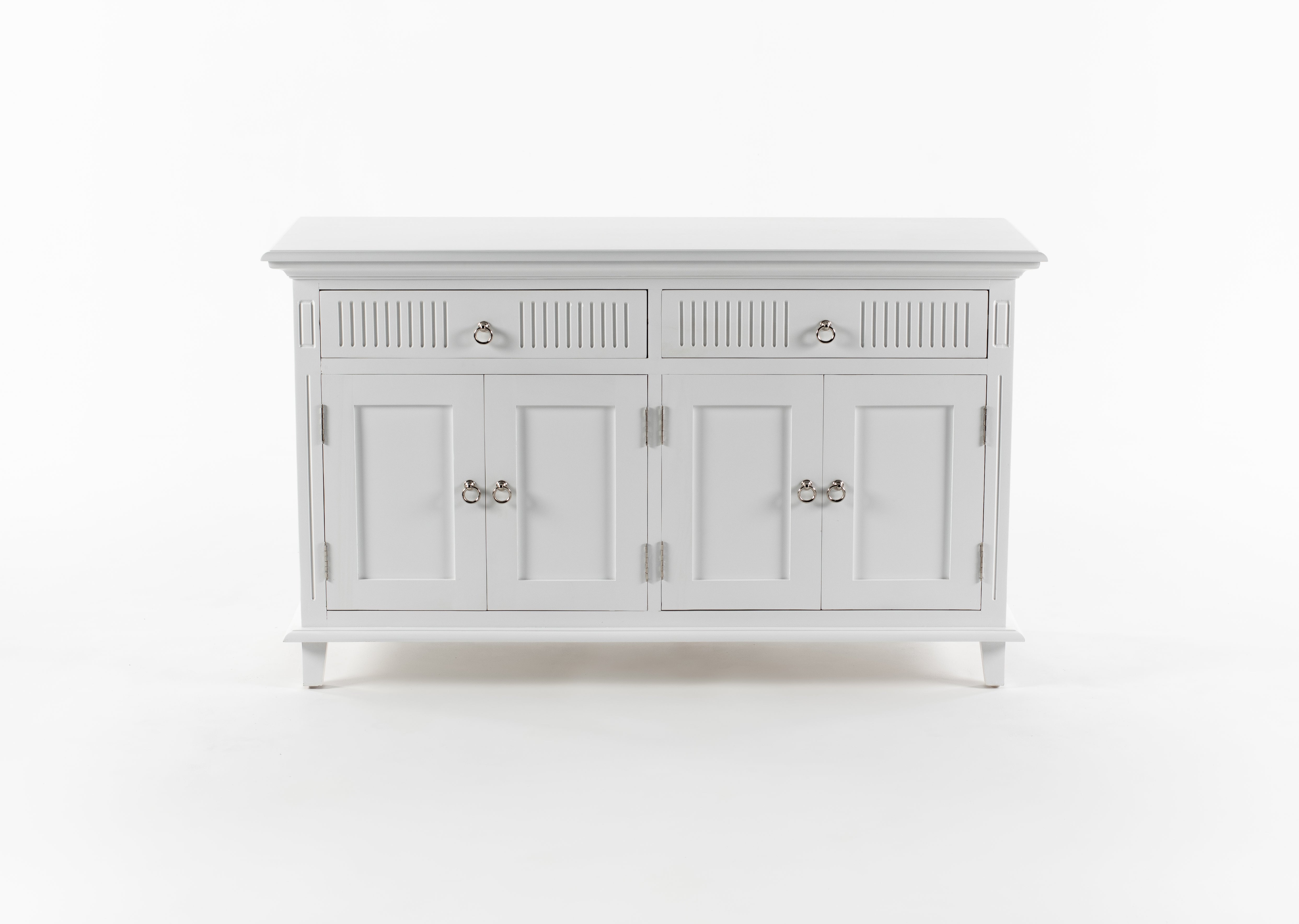 NovaSolo Skansen white wooden buffet with 4 doors and 2 drawers with silver chrome plated brass hardware.