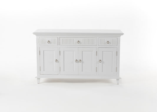 NovaSolo Skansen white wooden buffet with 4 doors and 3 drawers with silver chrome plated brass hardware.