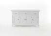 NovaSolo Skansen white wooden buffet with 4 doors and 3 drawers with silver chrome plated brass hardware.