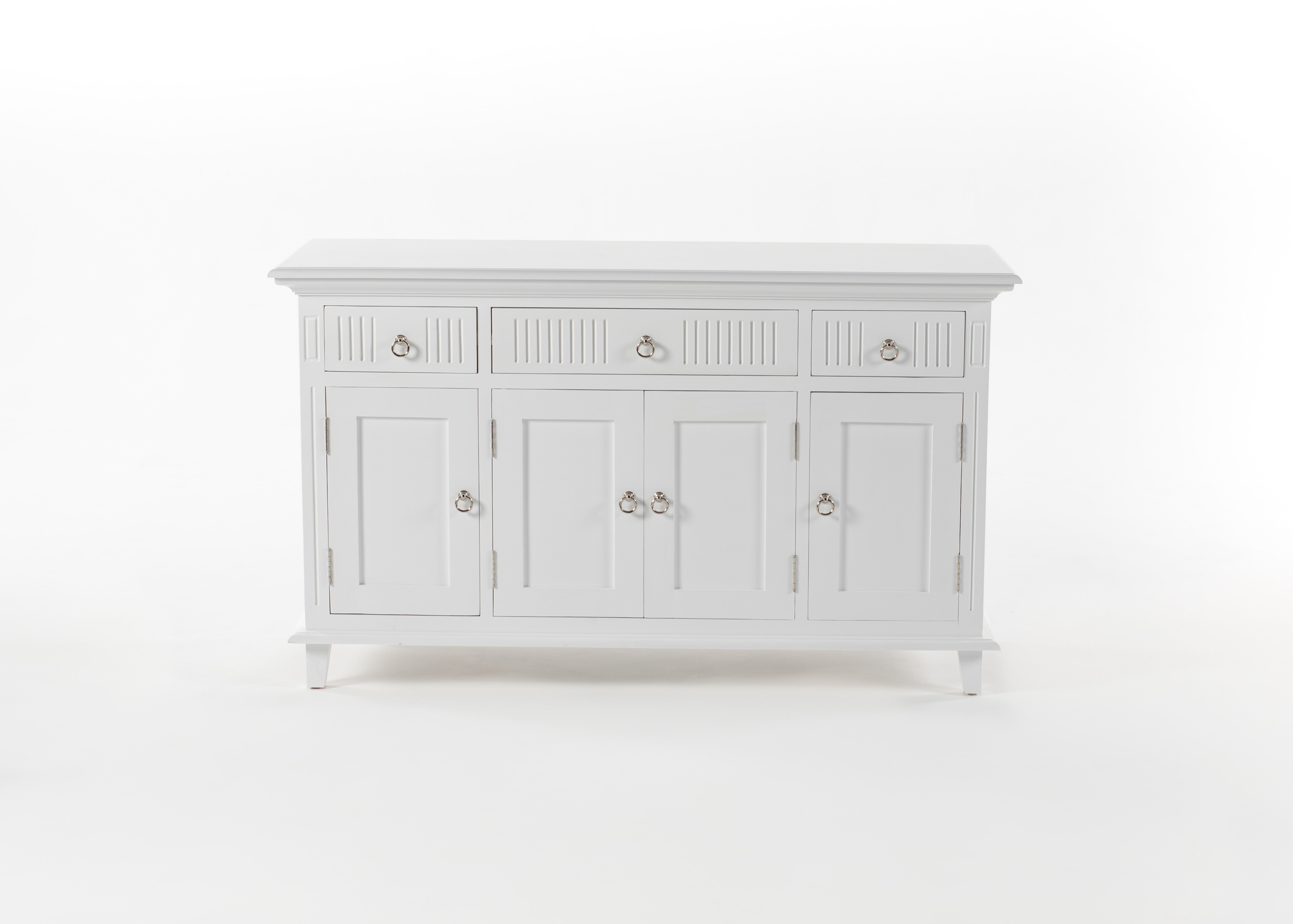 NovaSolo Skansen white wooden buffet with 4 doors and 3 drawers with silver chrome plated brass hardware.
