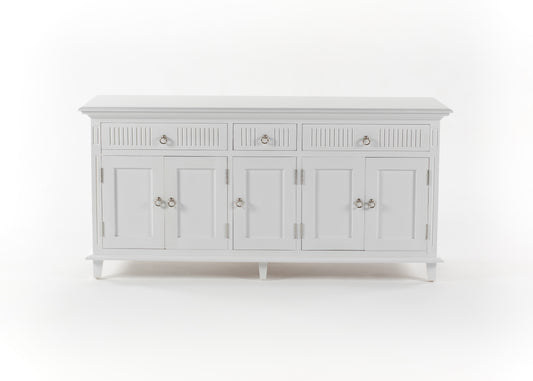 NovaSolo Skansen white wooden buffet with 5 doors and 3 drawers with silver chrome plated brass hardware.