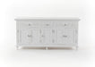 NovaSolo Skansen white wooden buffet with 5 doors and 3 drawers with silver chrome plated brass hardware.