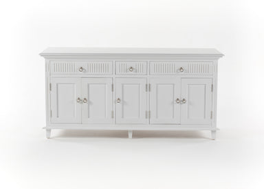 NovaSolo Skansen white wooden buffet with 5 doors and 3 drawers with silver chrome plated brass hardware.
