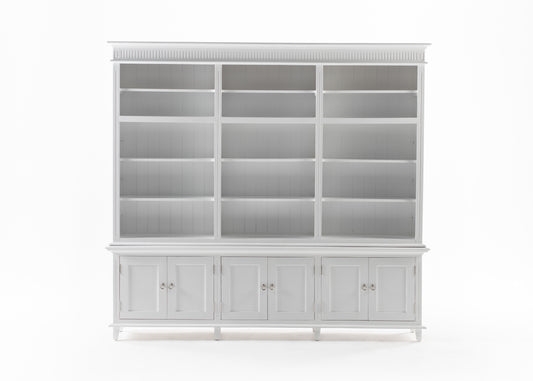NovaSolo Skansen white wooden triple-bay hutch unit with 15 shelves and 6 doors.