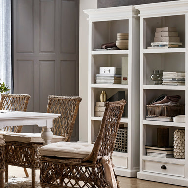 NovaSolo Halifax white wooden bookcase with 4 shelves and 1 drawer with antique brass hardware