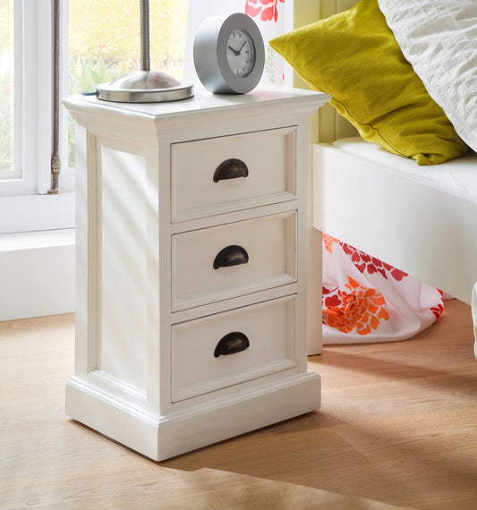 NovaSolo Halifiax white timber bedside drawer unit with 3 draws and antique brass hardware