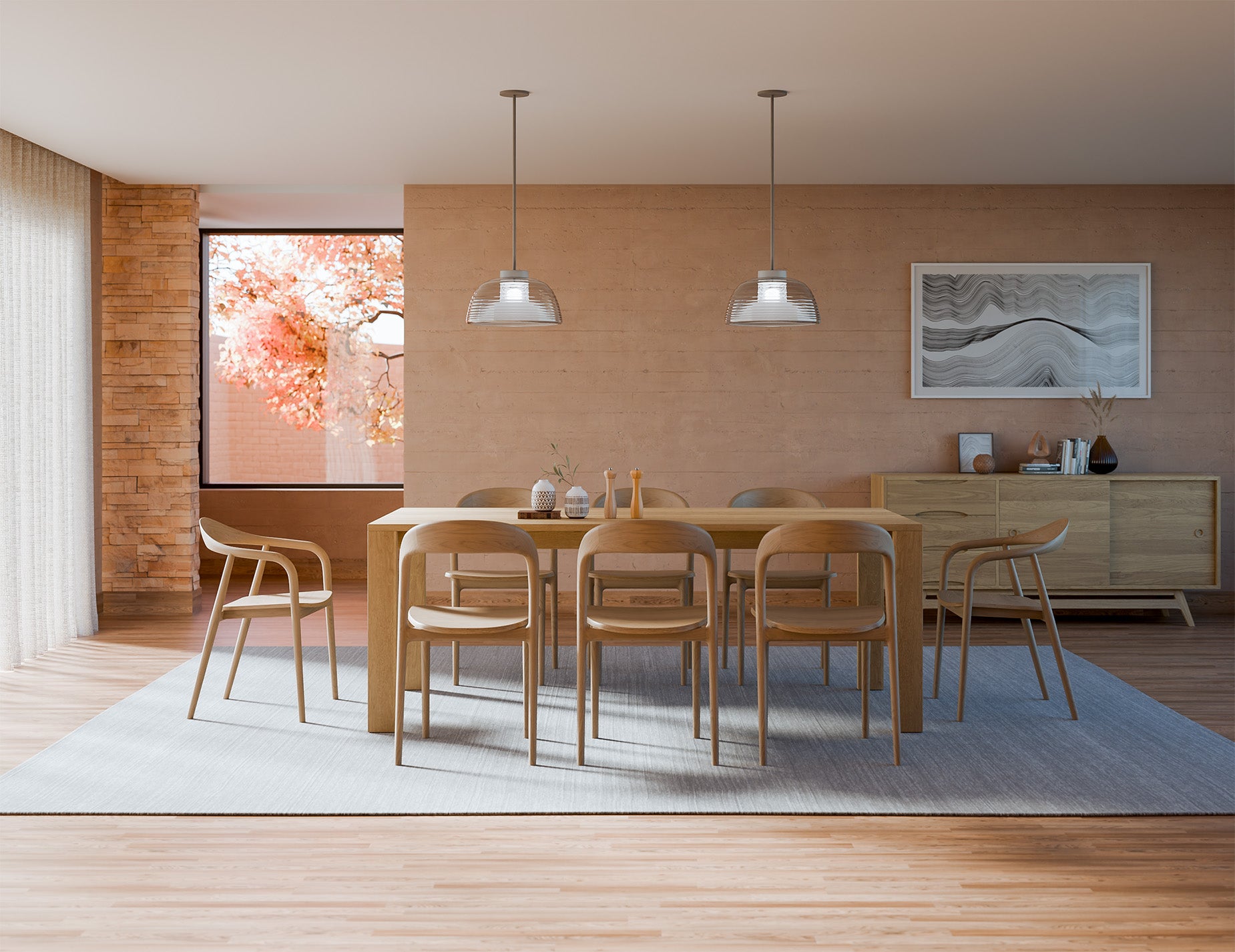 Lifestyle dining room view of Pier Dining Table - Solid Oak - 200 cm x 95 cm styled with six wooden dining chairs in a contemporary open-plan space.