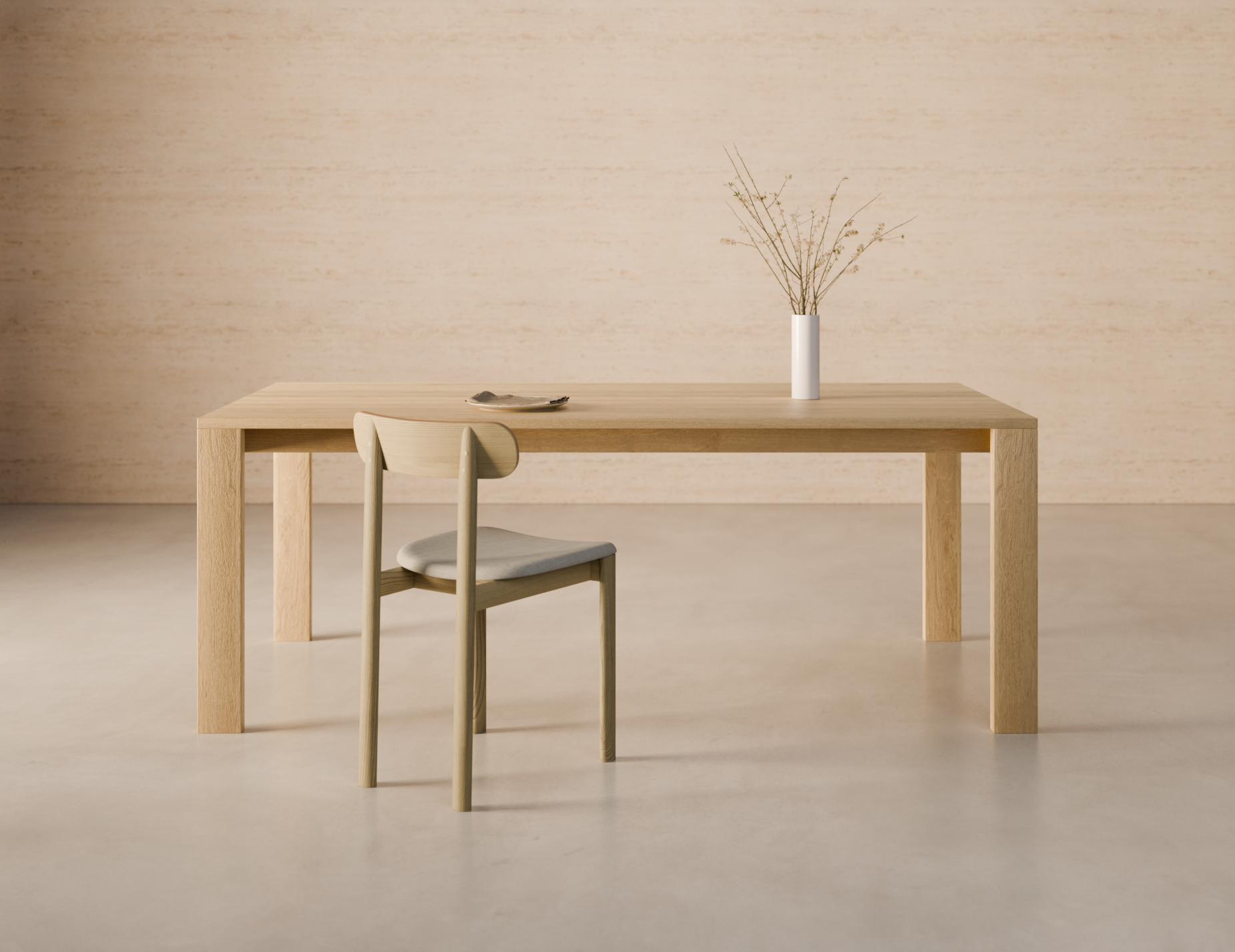 Front view of Pier Dining Table - Solid Oak - 200 cm x 95 cm styled in a minimalist dining space with natural timber chair and neutral interior.