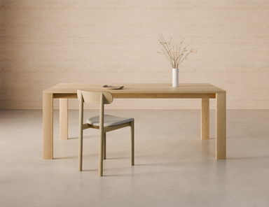 Front view of Pier Dining Table - Solid Oak - 200 cm x 95 cm styled in a minimalist dining space with natural timber chair and neutral interior.