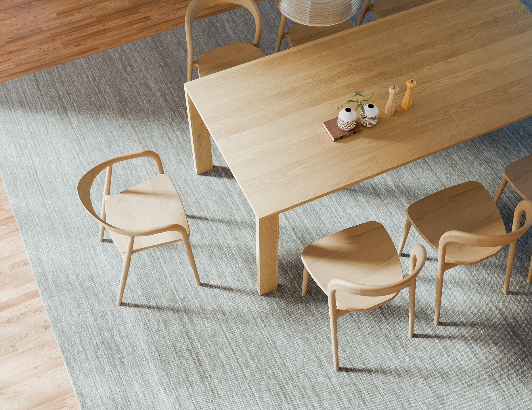 Overhead view of Pier Dining Table - Solid Oak - 200 cm x 95 cm displaying solid timber surface and full dining arrangement.