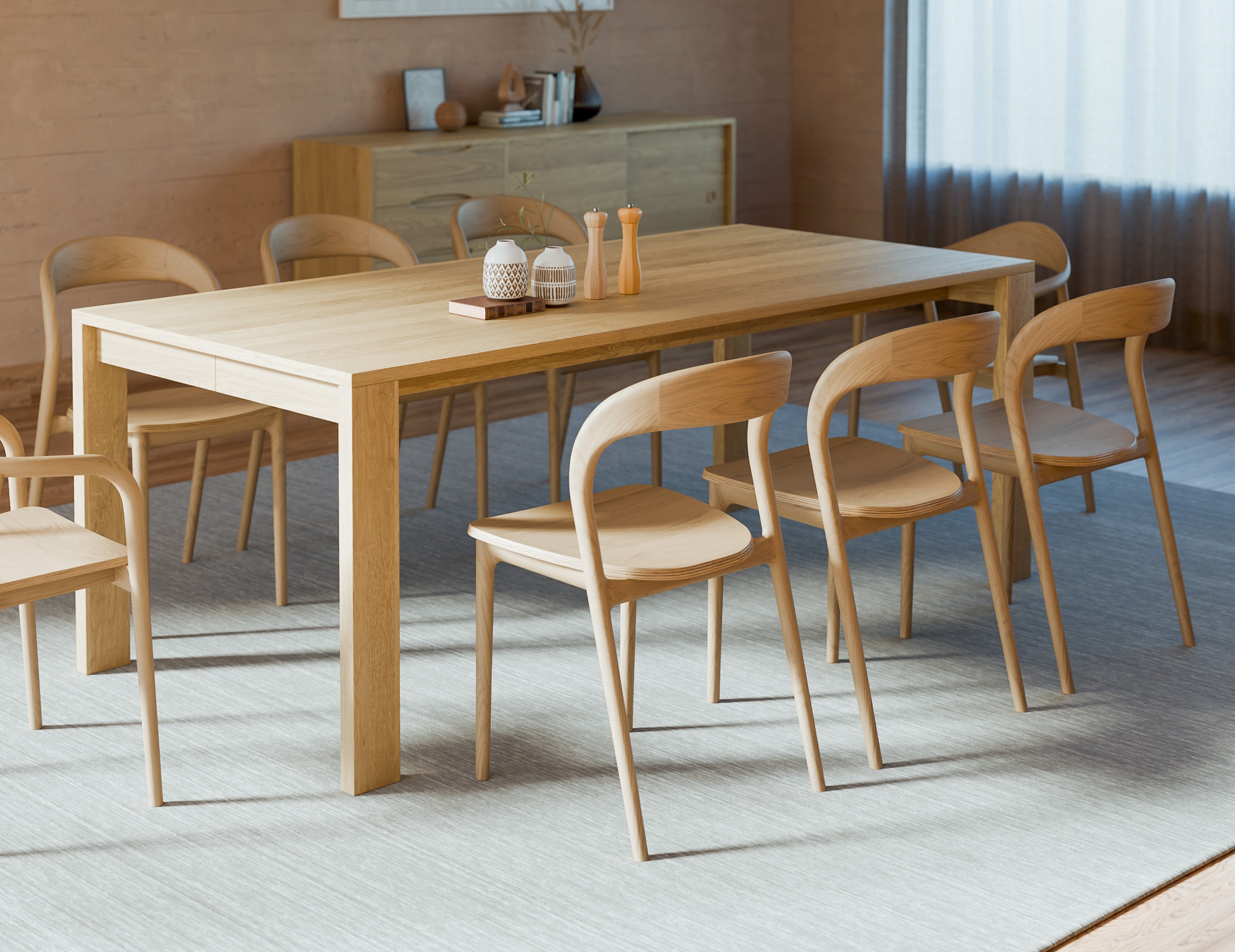Close lifestyle detail of Pier Dining Table - Solid Oak - 200 cm x 95 cm highlighting natural oak grain and modern decor styling.