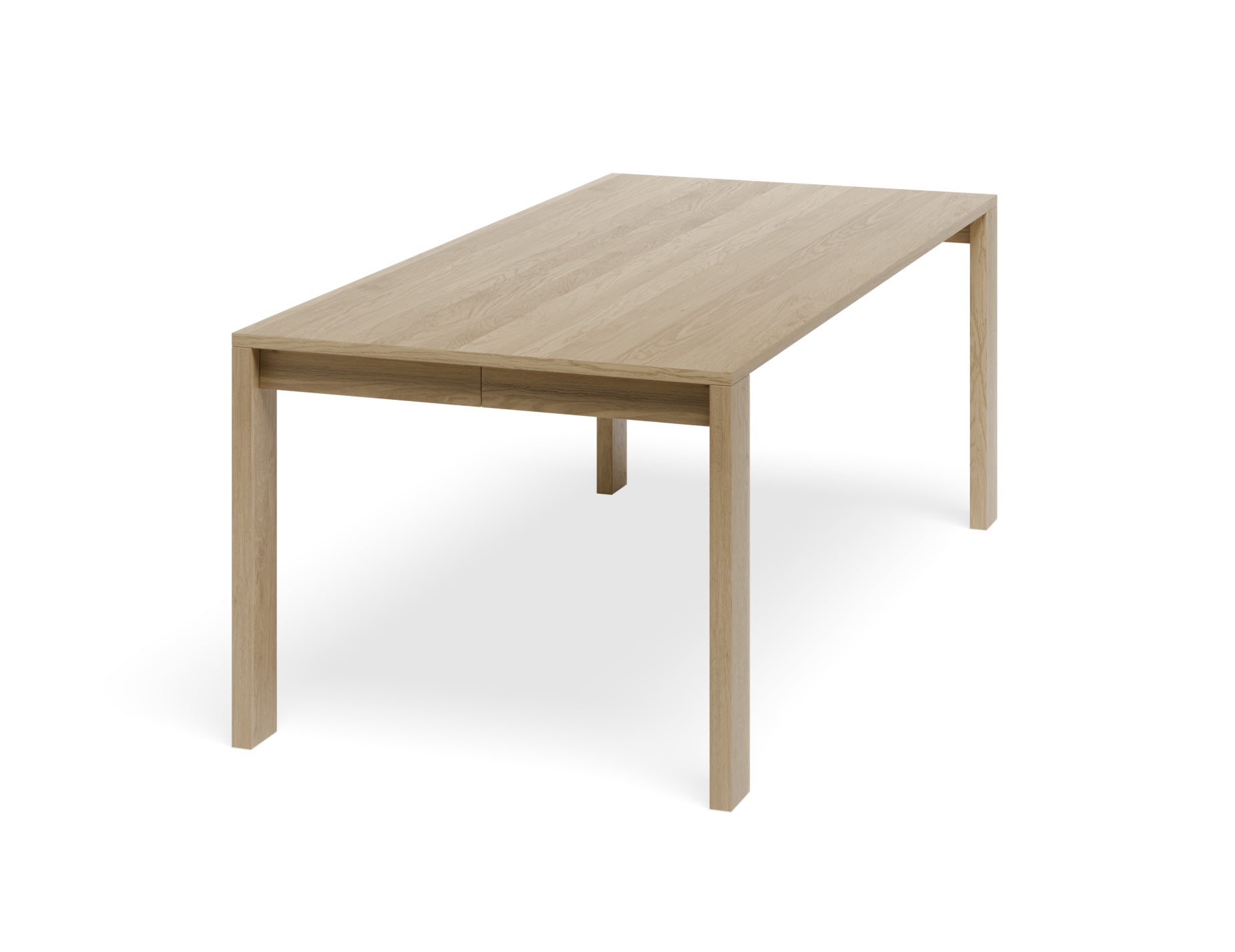 Angled view of Pier Dining Table - Solid Oak - 200 cm x 95 cm highlighting solid oak tabletop and square leg design.