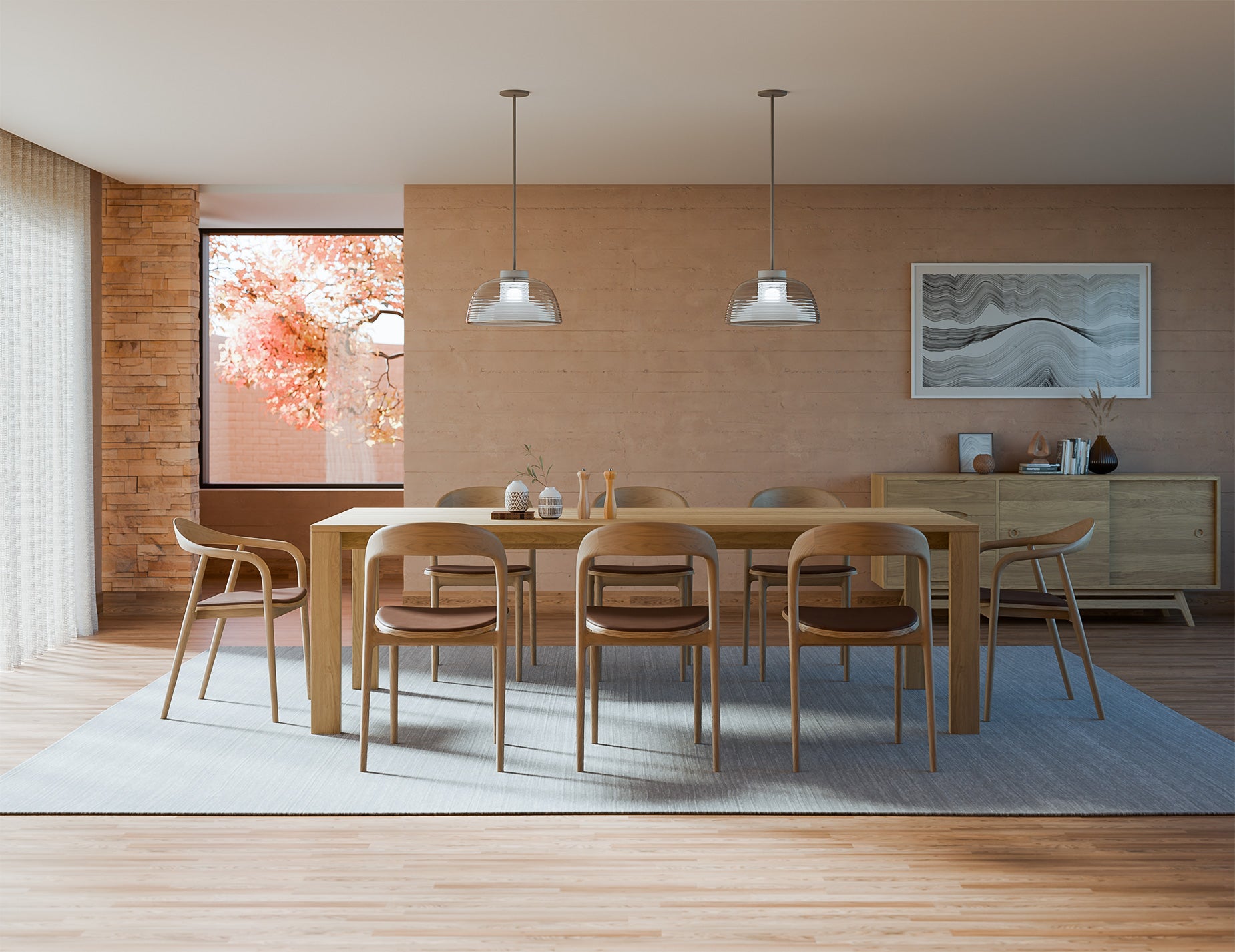 Pier Dining Table – Solid Oak – 240 cm x 100 cm with six timber dining chairs in contemporary open-plan dining room.