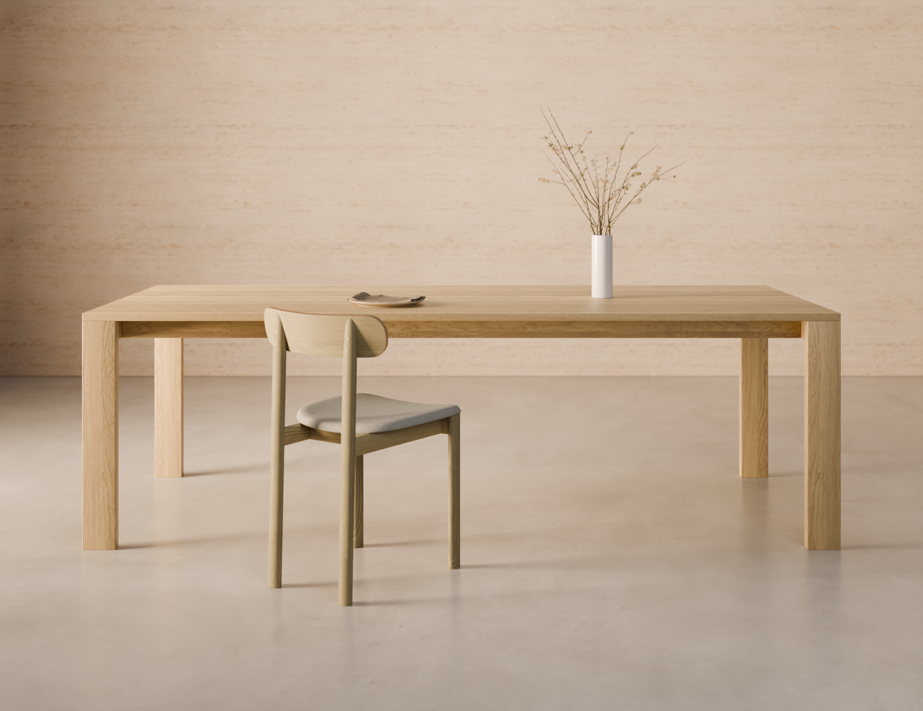 Pier Dining Table – Solid Oak – 240 cm x 100 cm styled in minimalist interior with solid oak top and wooden dining chair.