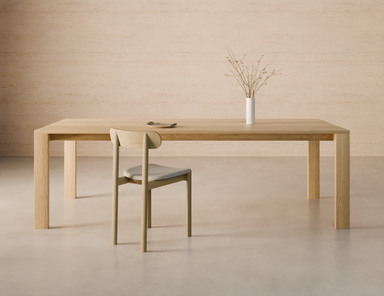 Pier Dining Table – Solid Oak – 240 cm x 100 cm styled in minimalist interior with solid oak top and wooden dining chair.