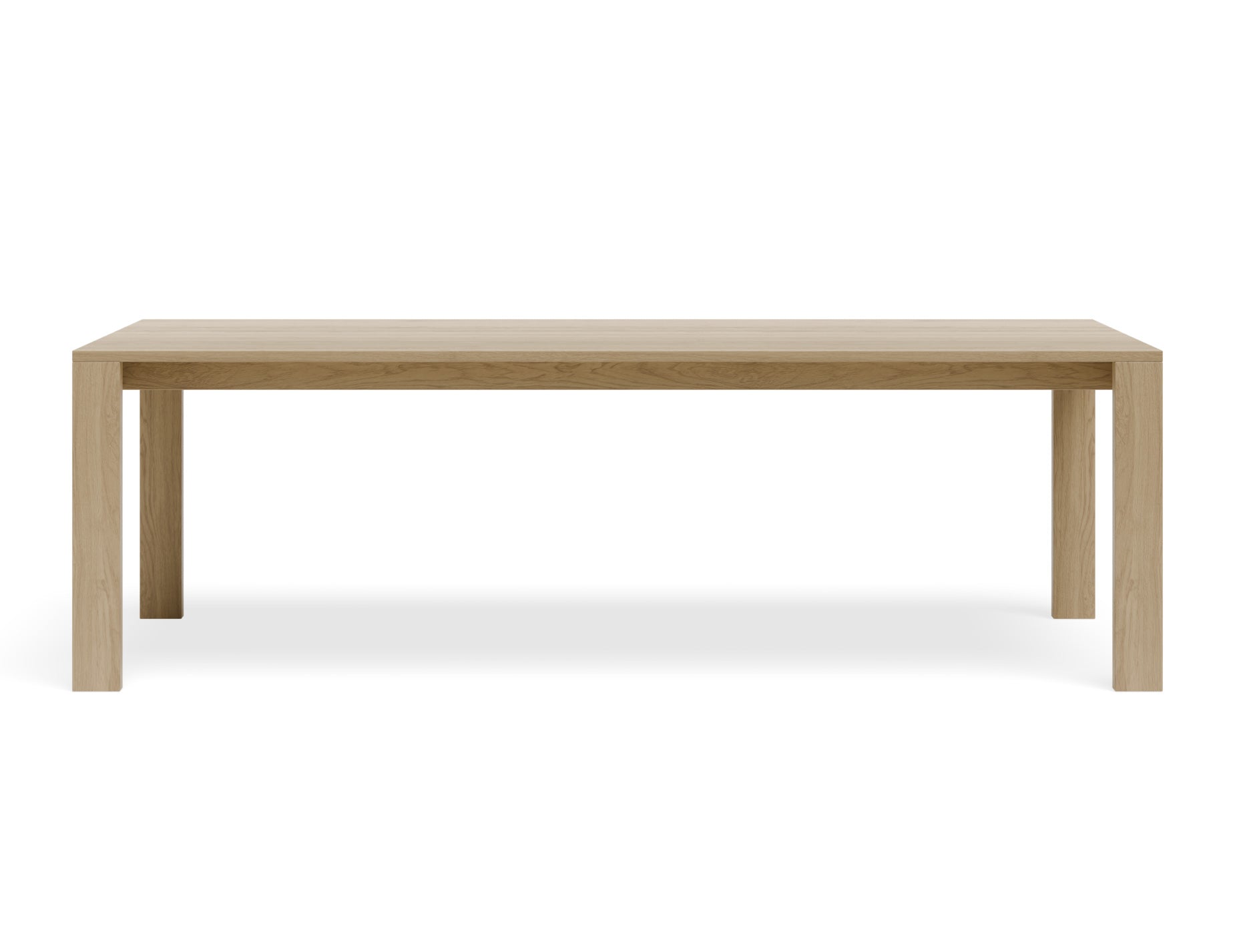 Front view of Pier Dining Table – Solid Oak – 240 cm x 100 cm showcasing thick oak tabletop and square leg construction.