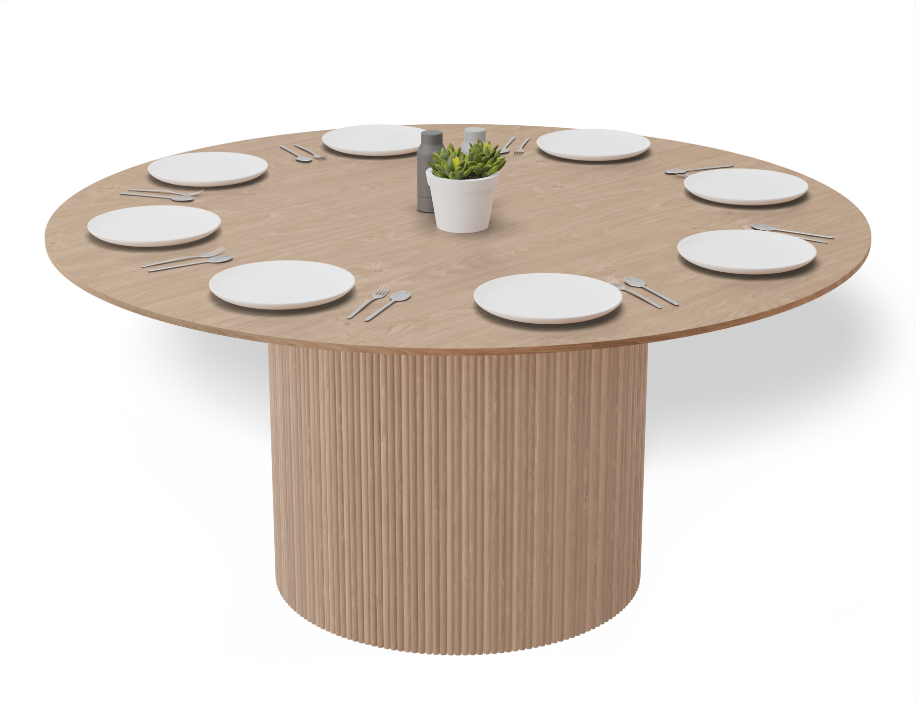 6 to 8 seater round dining table in natural American ash finish displaying plates and cutlery.