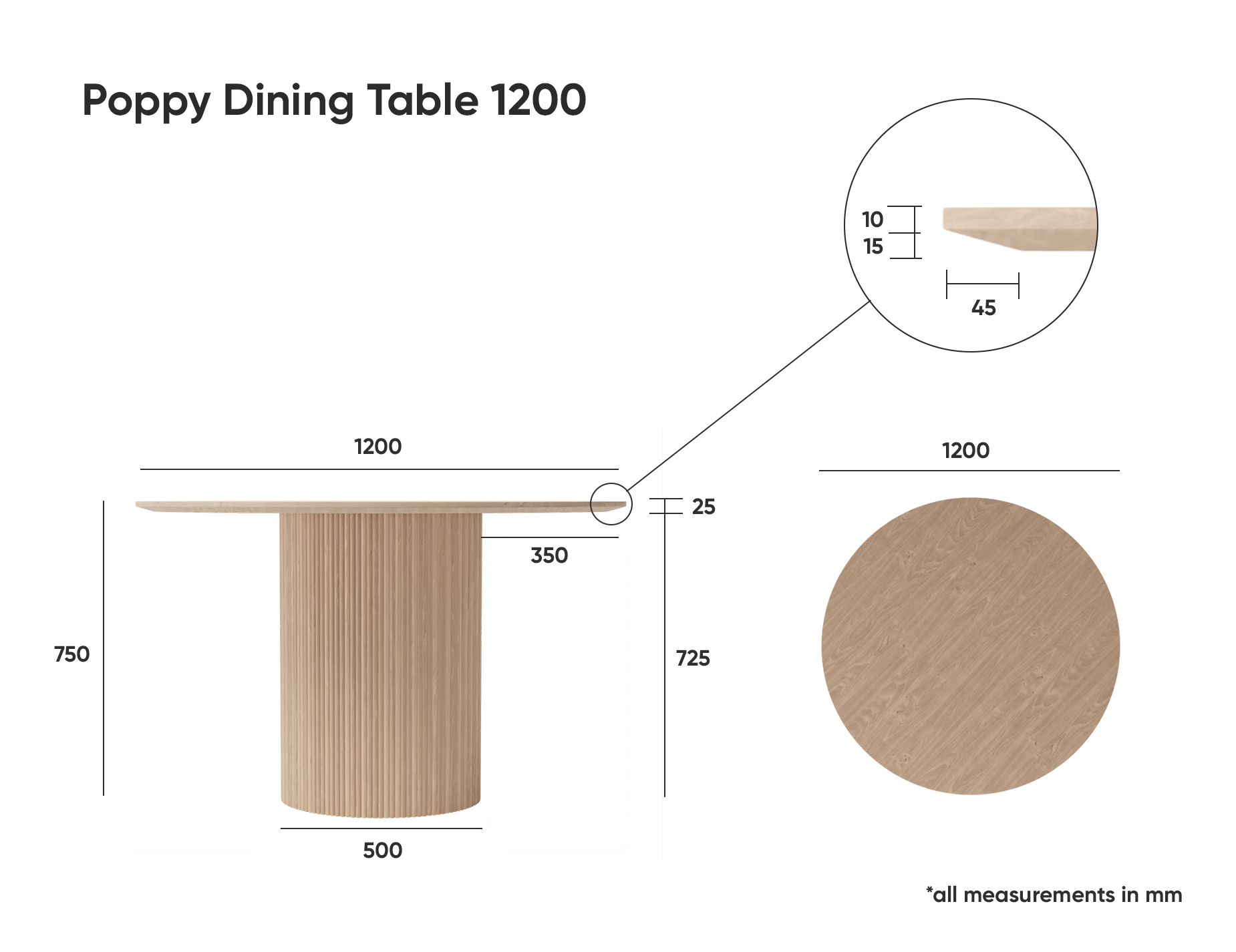 Dimensions drawings of 4 to 5 seater round dining table in natural American ash finish.