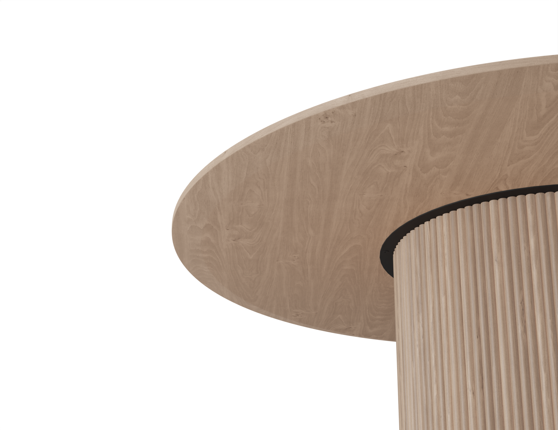 Close-up underside view of 4 to 5 seater round dining table in natural American ash finish.
