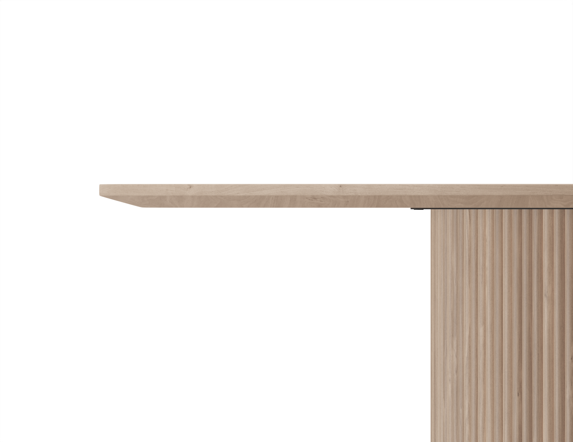 Close-up side view of 4 to 5 seater round dining table in natural American ash finish.