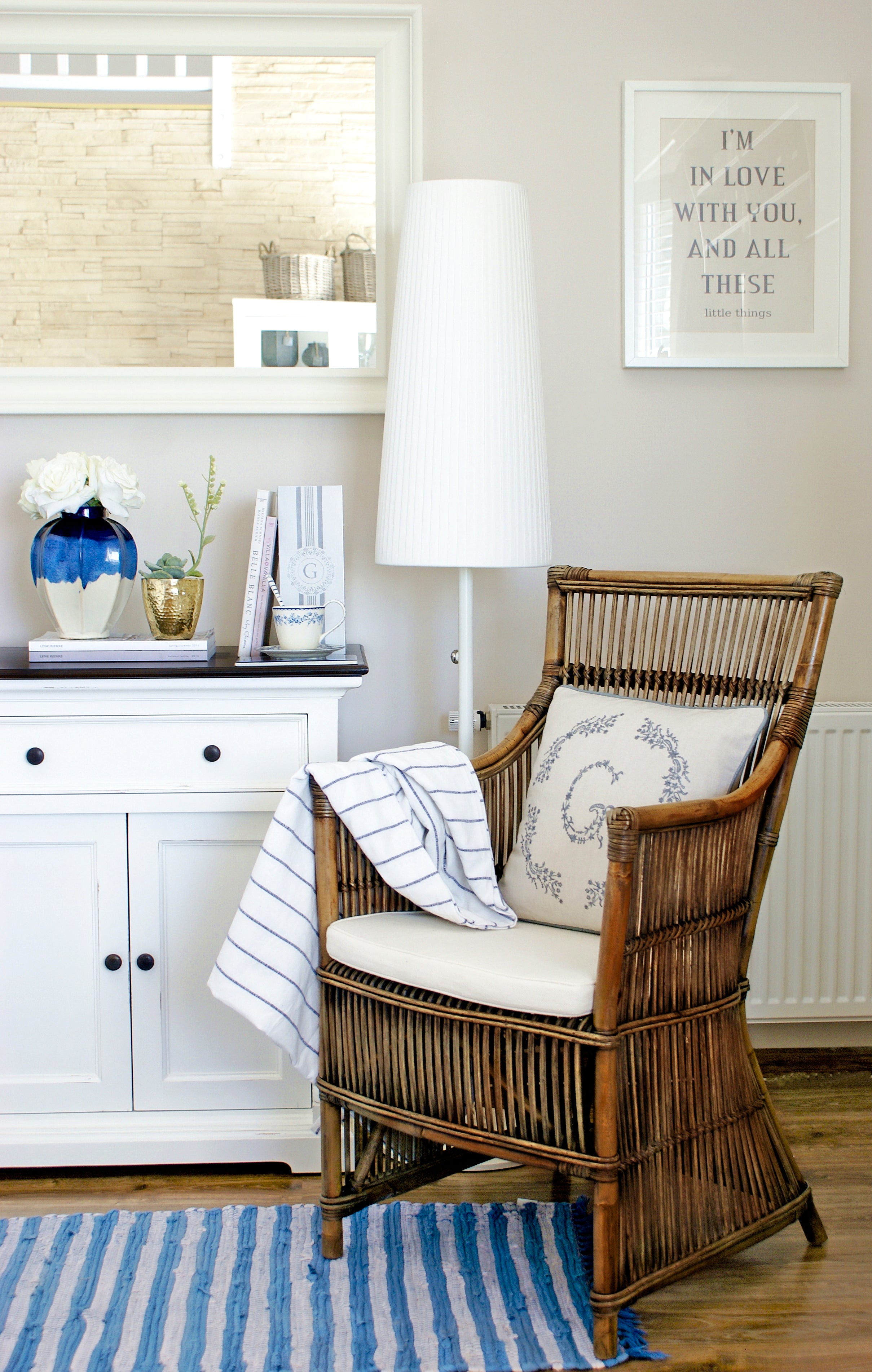 Styled room view with Provence Accent Classic Buffet beside a rattan armchair, floor lamp and soft coastal decor.