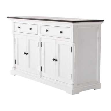 Angled product view of the Provence Accent Classic Buffet featuring two drawers, four cupboard doors, dark timber top and white painted finish.