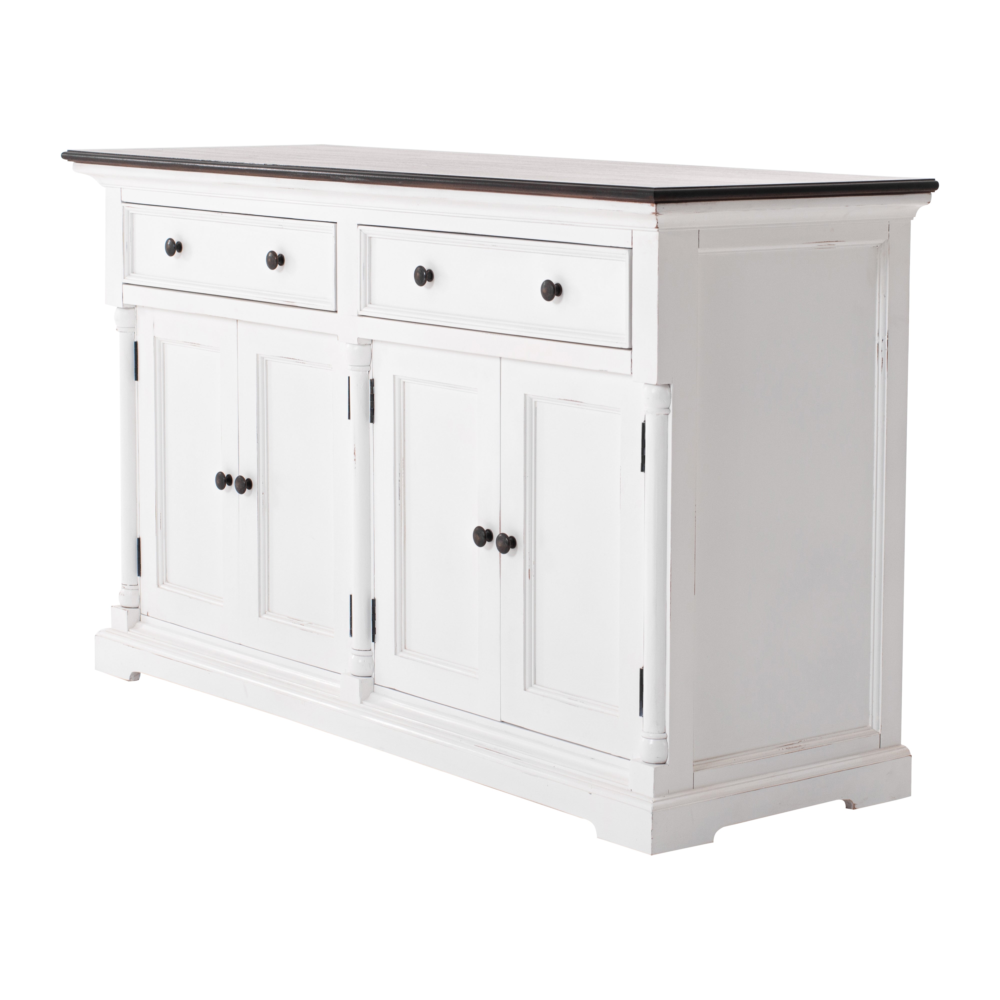 Angled product view of the Provence Accent Classic Buffet featuring two drawers, four cupboard doors, dark timber top and white painted finish.