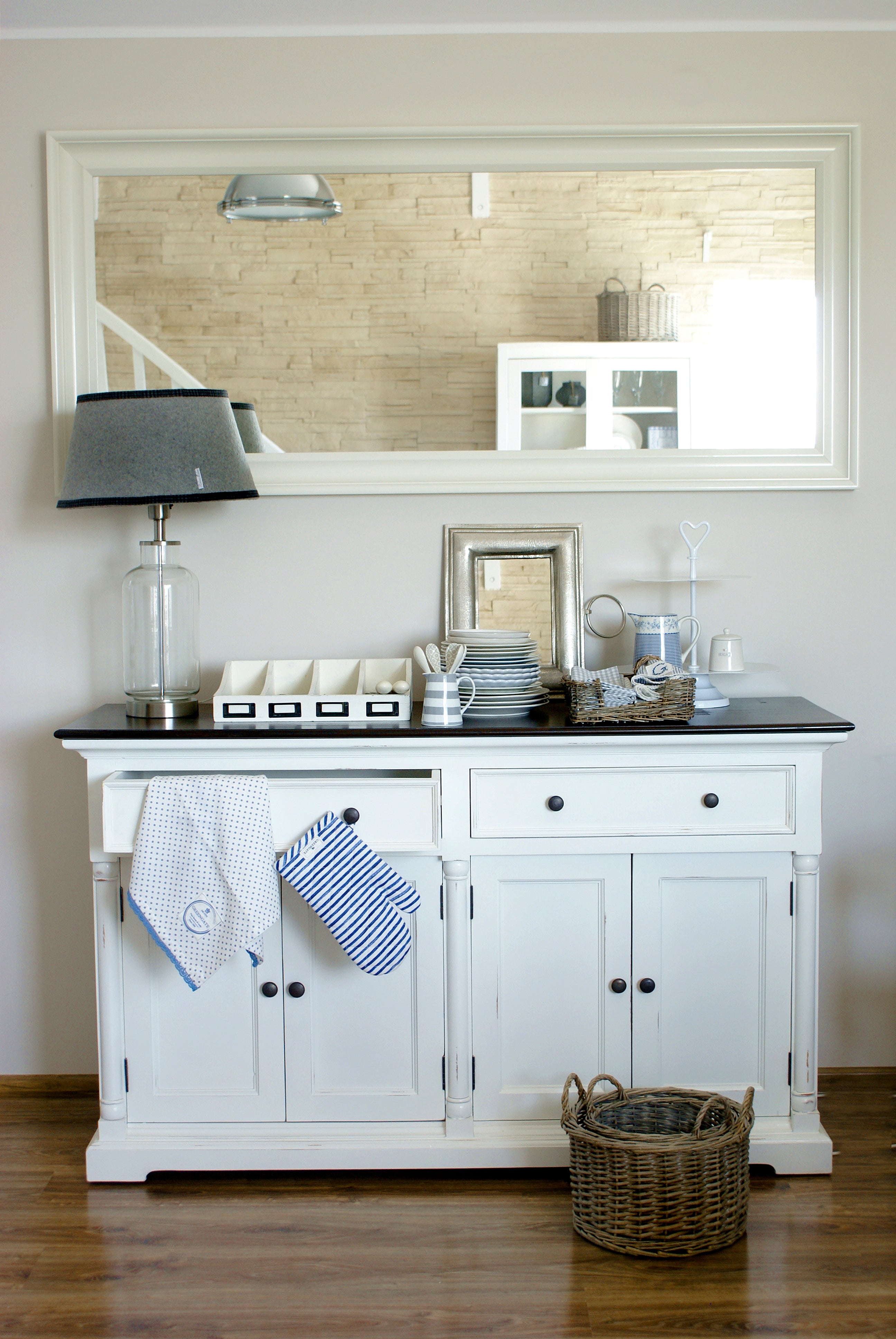 Provence Accent Classic Buffet styled with a large wall mirror, lamp, baskets and coastal homewares.