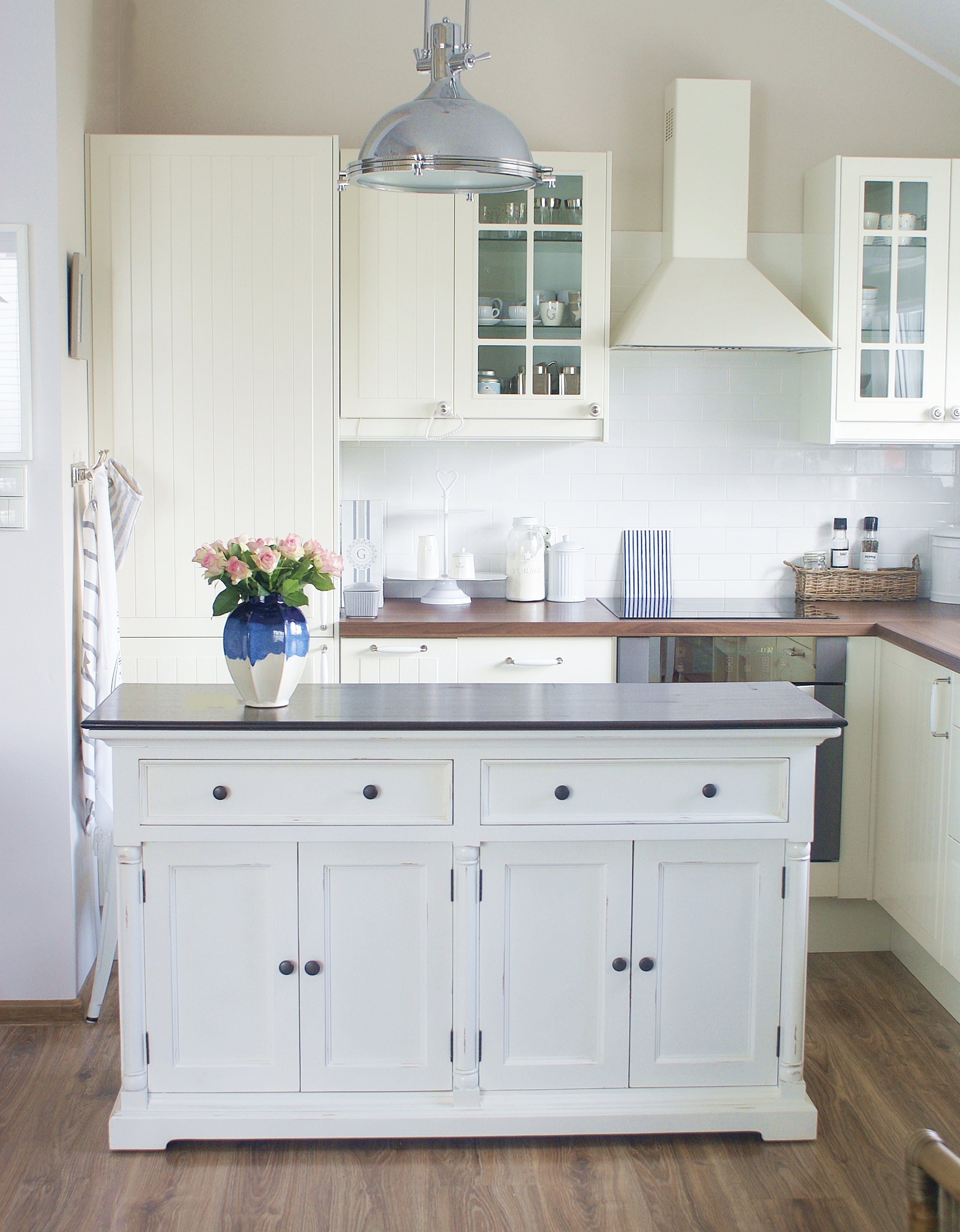 Provence Accent Classic Buffet styled as a kitchen island with white cabinetry, dark timber top and coastal kitchen decor.