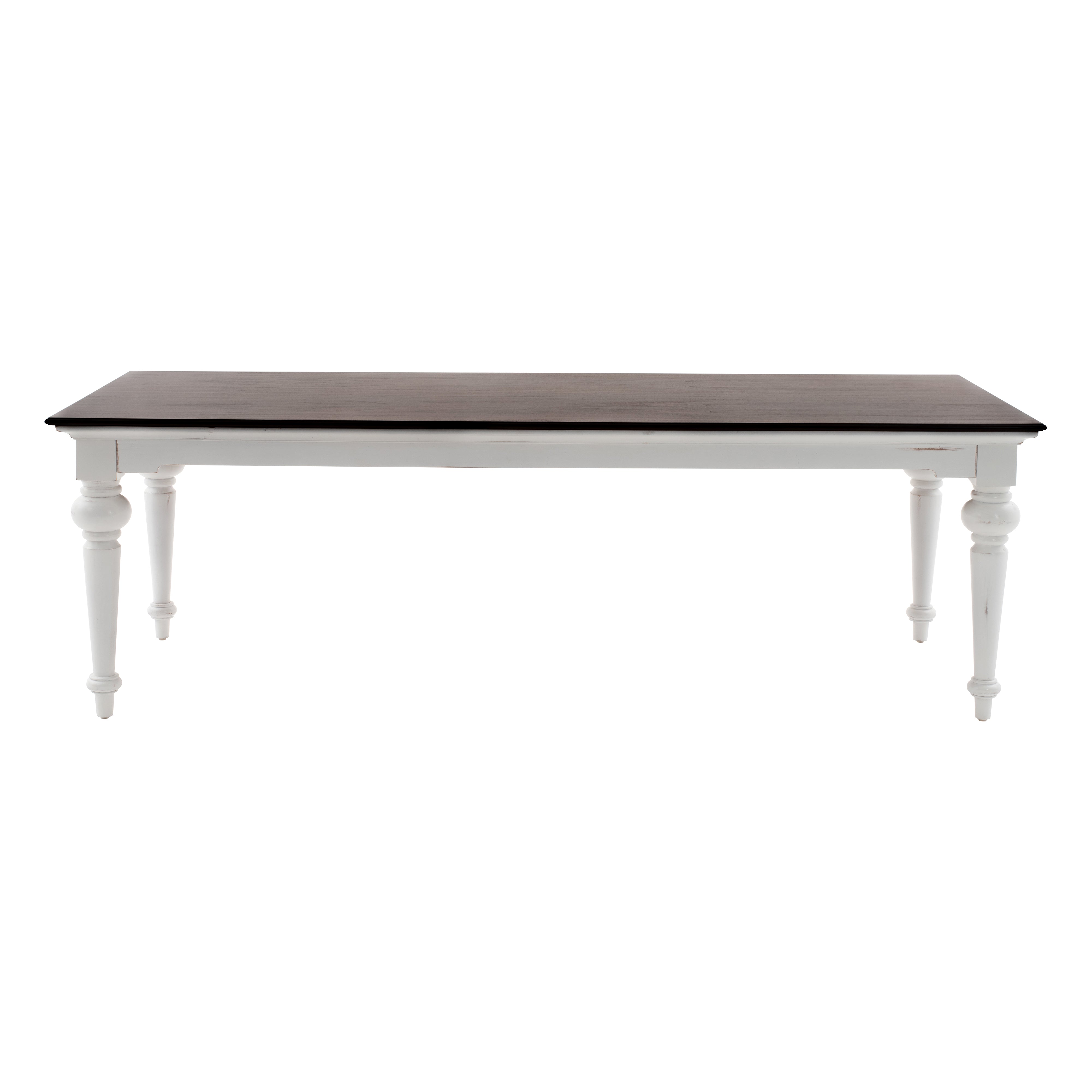 Front view of the Provence Accent Dining Table with a dark timber top, white painted base and traditional turned legs.